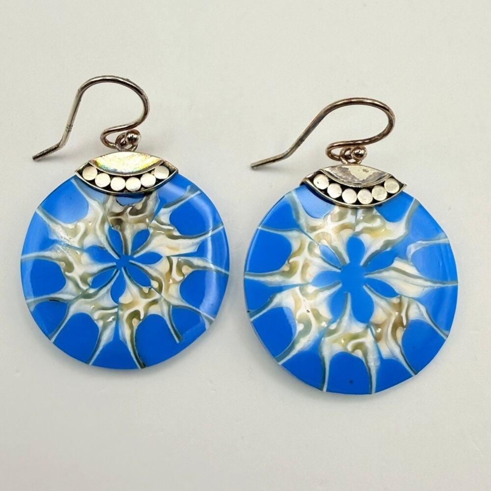 Robert Manse Sterling Silver Blue Abalone Shell Kaleidoscope Mandala Earrings